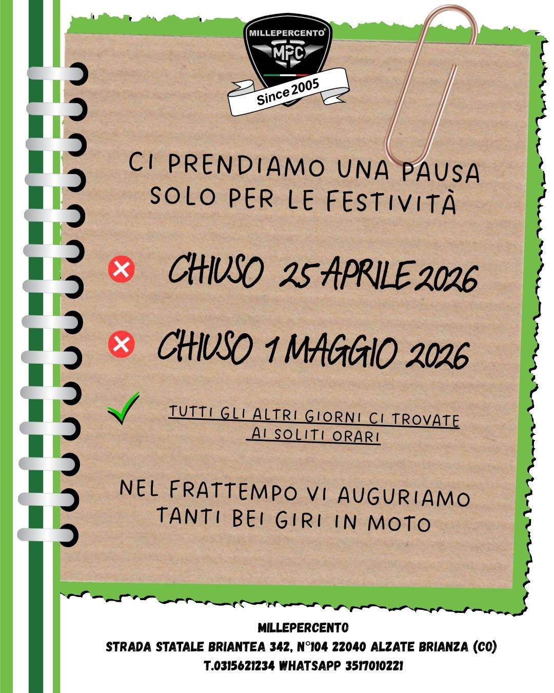 CHIUSURA 25 APRILE  -1 MAGGIO 2026